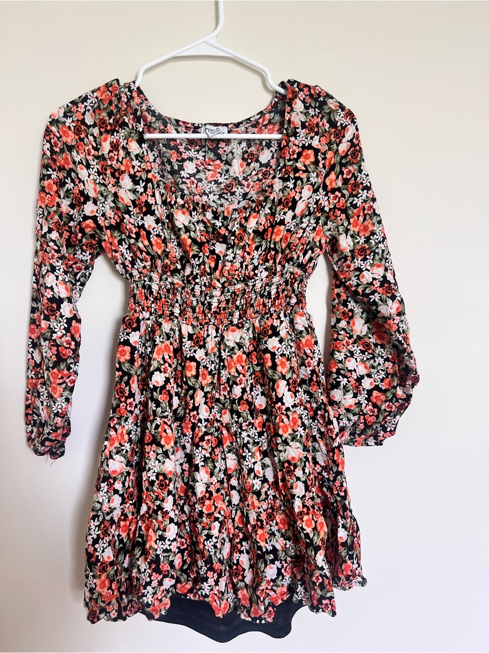 Rue21 Black Floral Long Sleeve Smocked Waist Dress